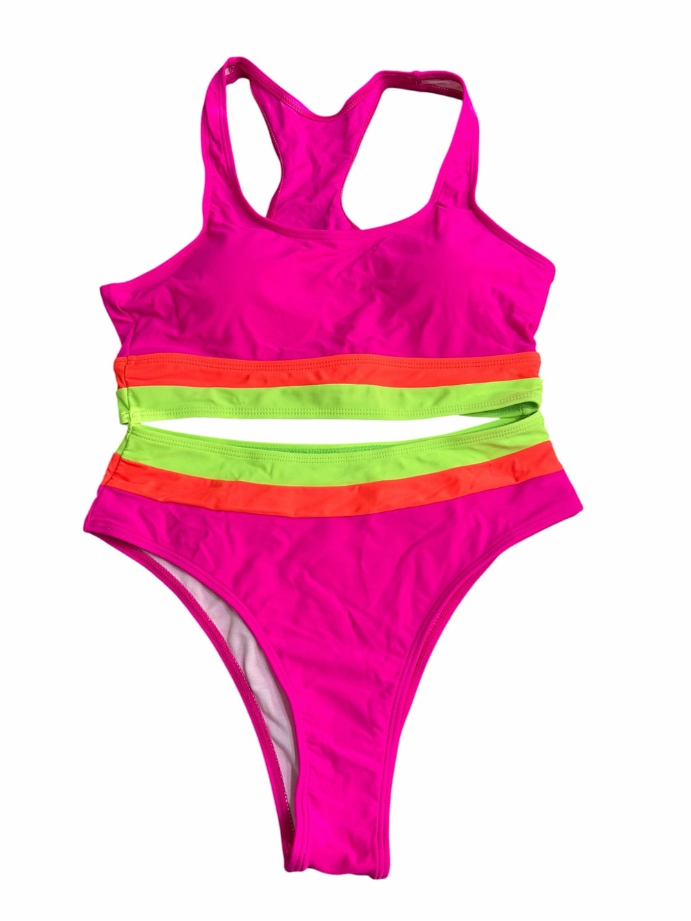 Pink Neon Green Orange Cutout One-Piece Swimsuit